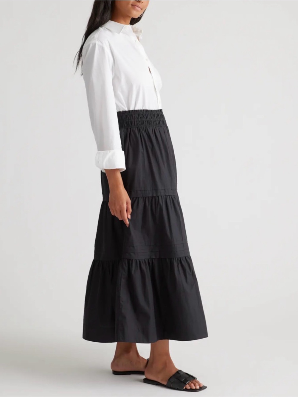 Quince Tiered Black Maxi Skirt with Smocked Waist size S - Picture 2 of 7